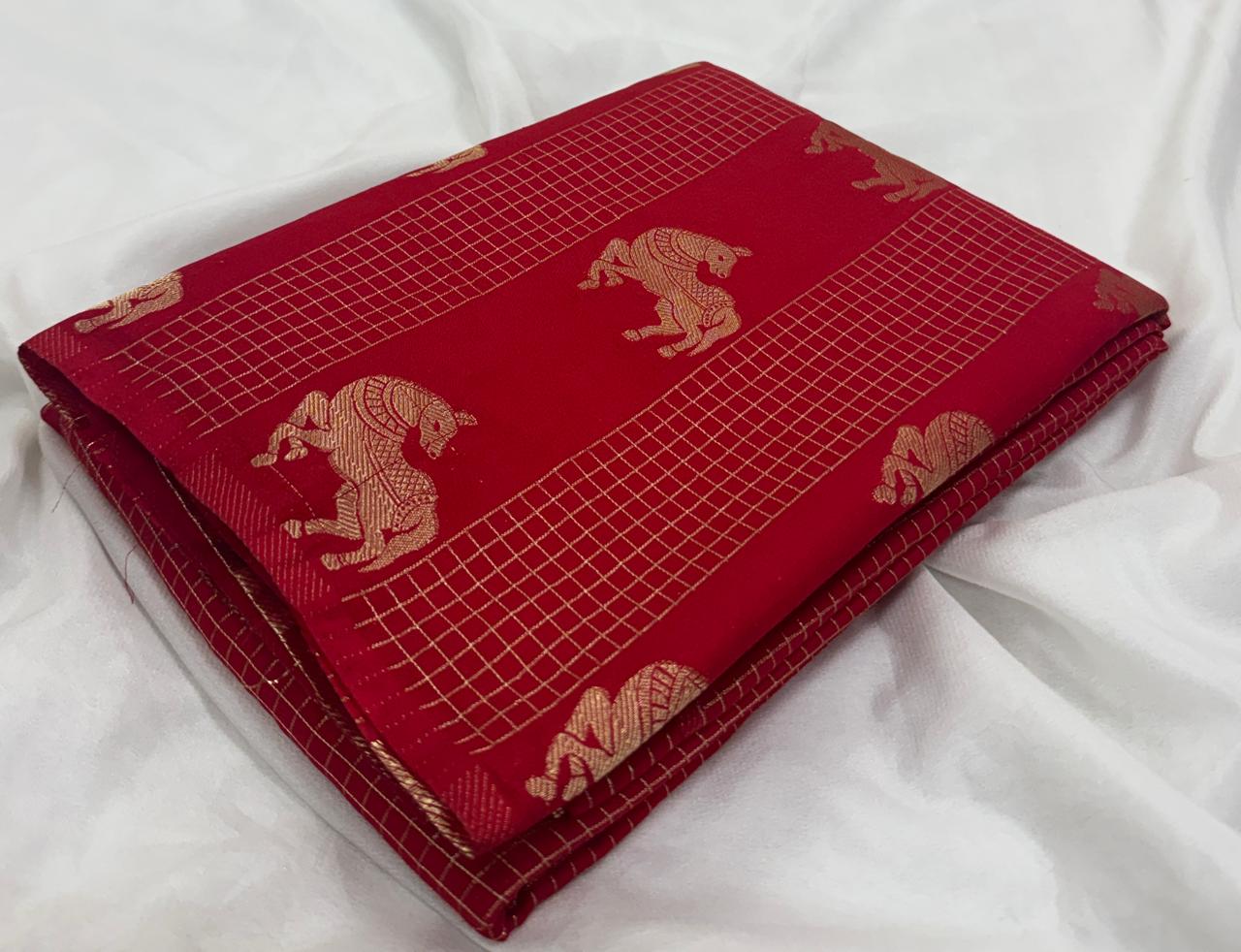 Pure Crepe Checks Saree with Satin Border & Deer Weaving Design Silk Saree